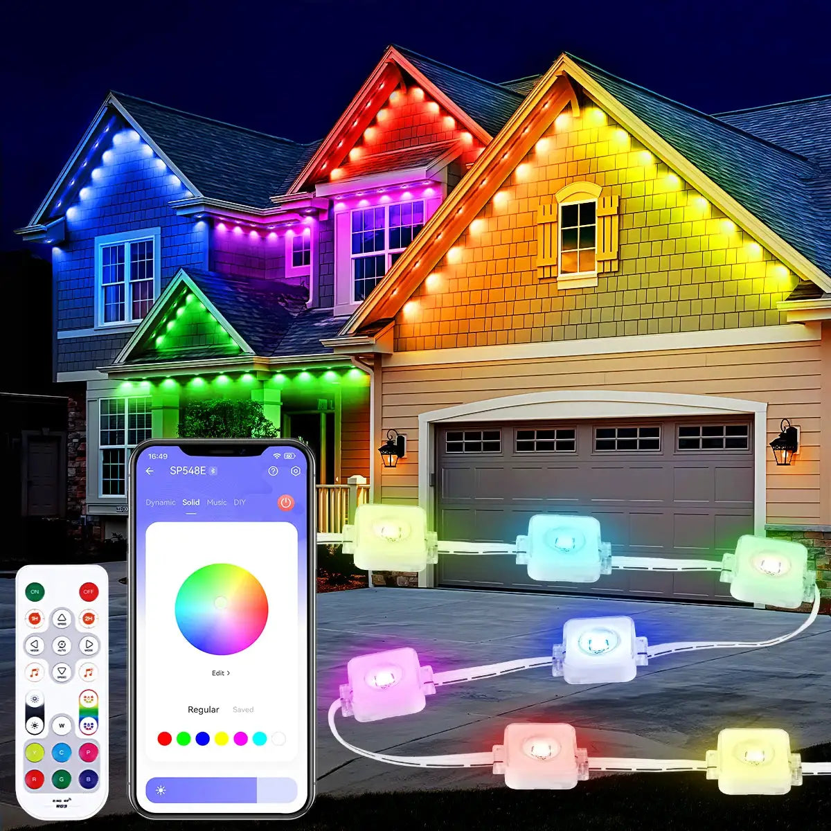 Permanent Outdoor Lights RGBIC string lights, 100–150 ft, IP67 waterproof, 60/90 LEDs, 100 scene modes