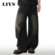 Men's baggy wide-leg black jeans with faded wash, casual high-street style