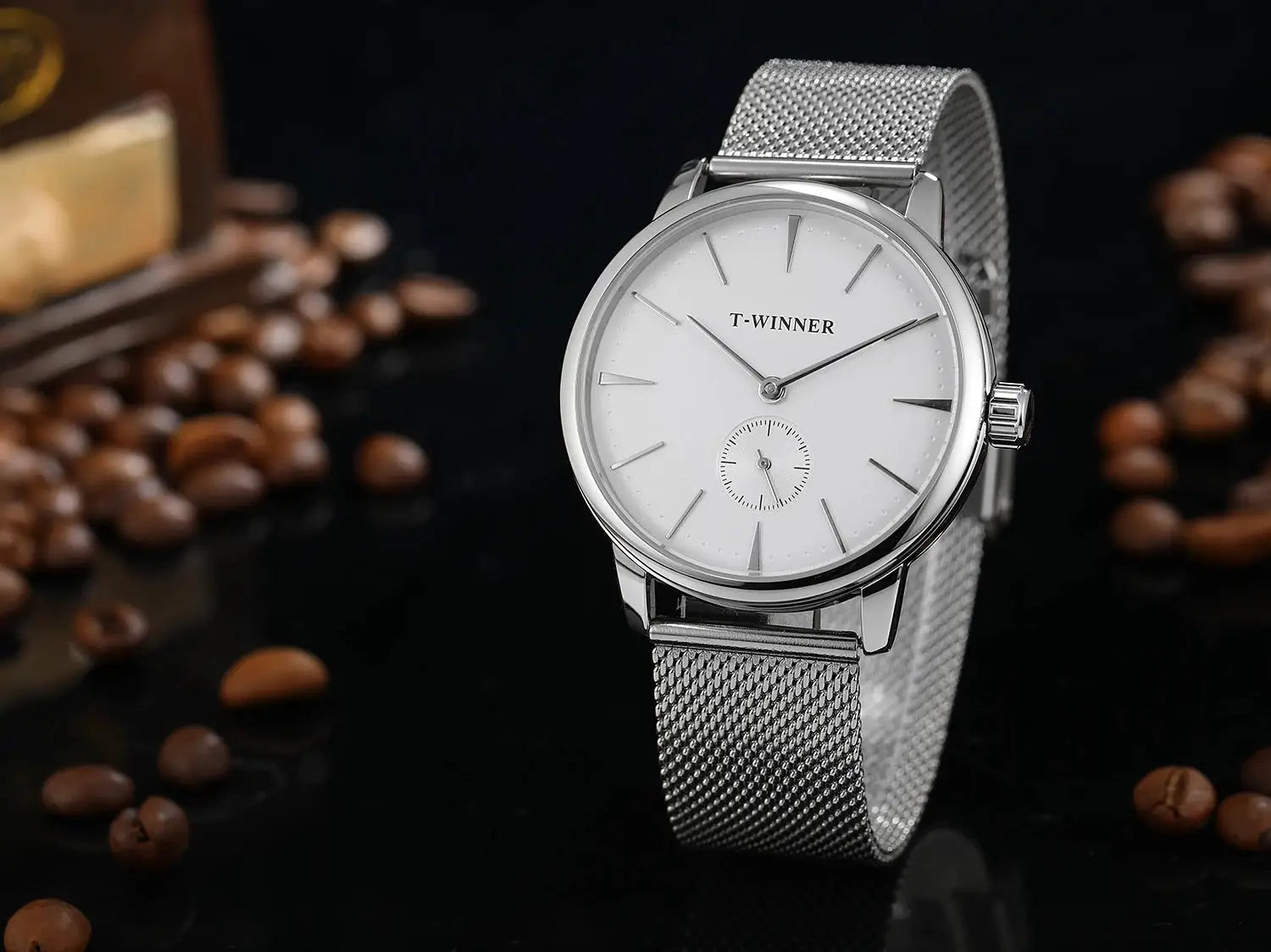 T-WINNER polished stainless steel mesh strap wristwatch for men with white dial and small seconds subdial