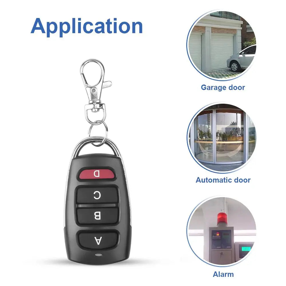 Simples Market wireless RF 433MHz remote key fob with 4 buttons; black/gray, shows 3 icons: garage, automatic door, alarm