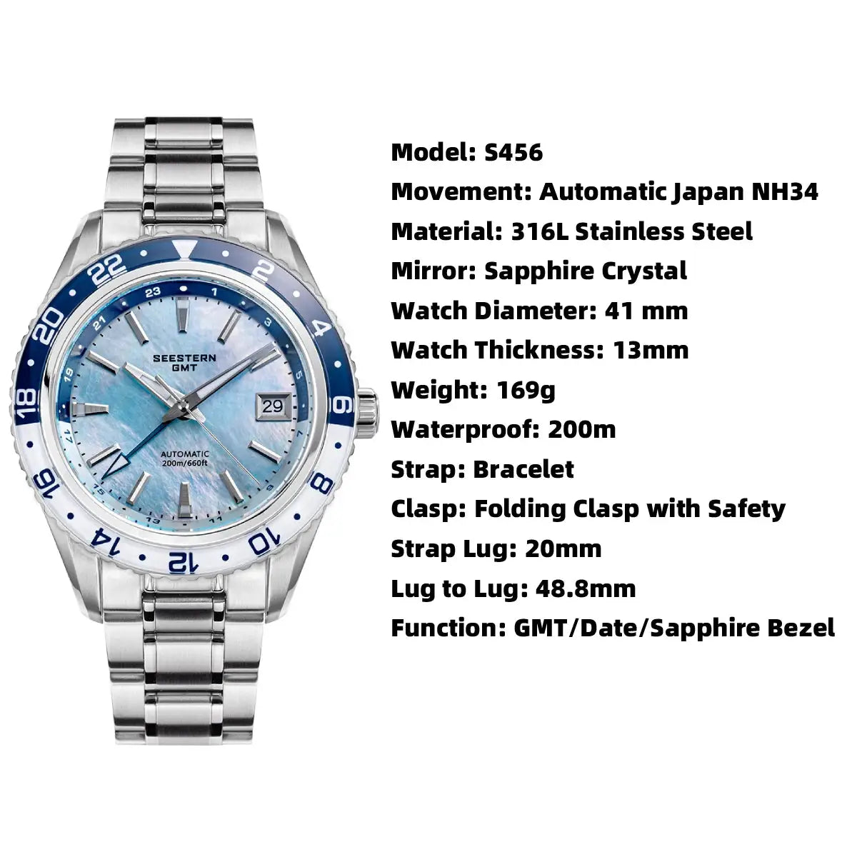 SEESTERN GMT automatic wristwatch, stainless steel bracelet, blue dial - Simples Market
