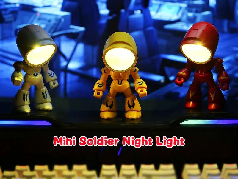 Mini Soldier Night Light set by Simples Market; three lit-headed toy soldier desk lamps in blue, yellow, and red.