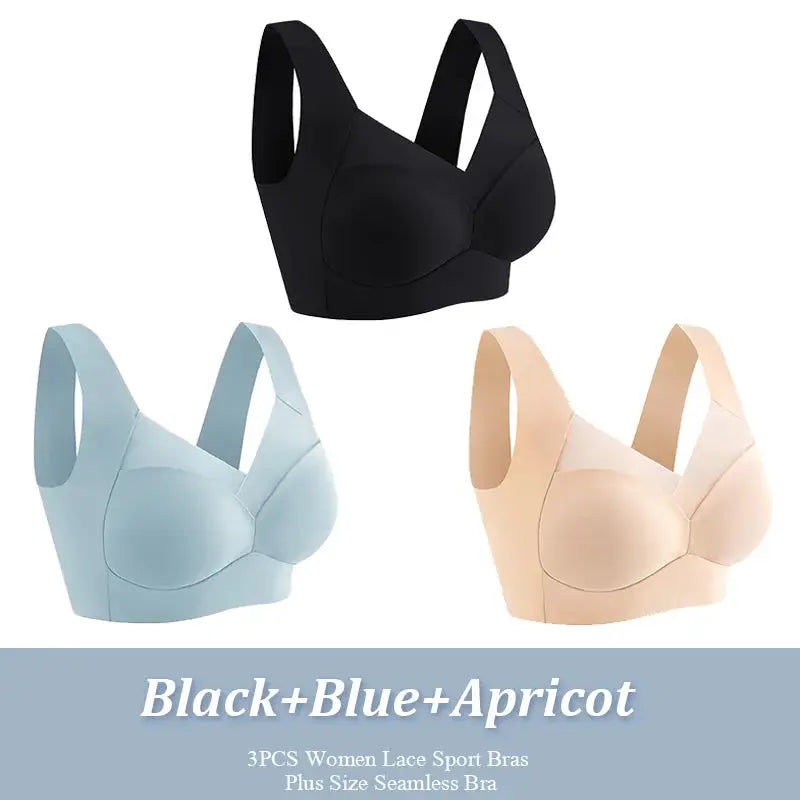 3-pack women's wireless seamless sport bras by Simples Market in black, blue, and apricot