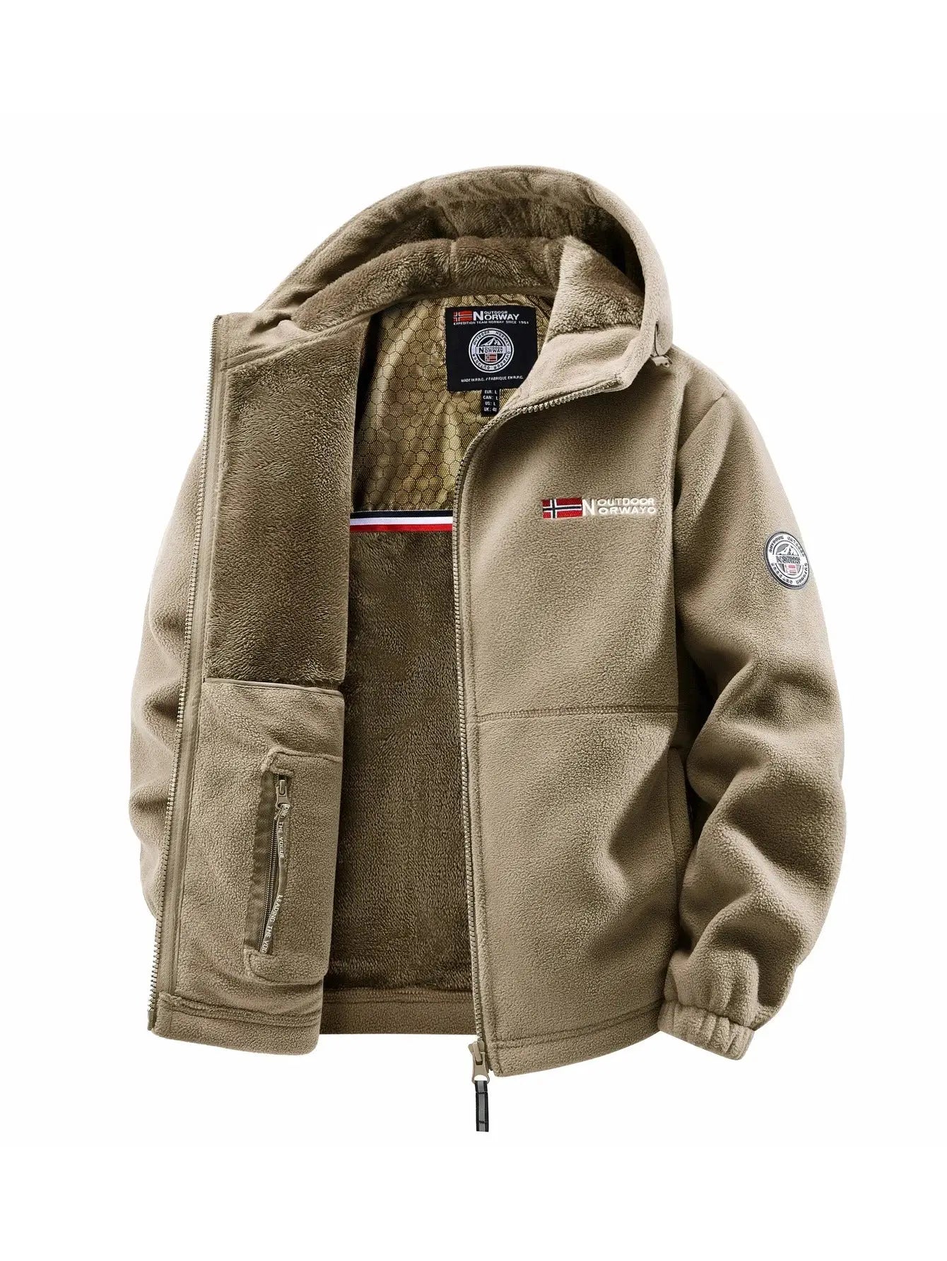 Men's tan fleece hooded jacket with zip front by Simples Market