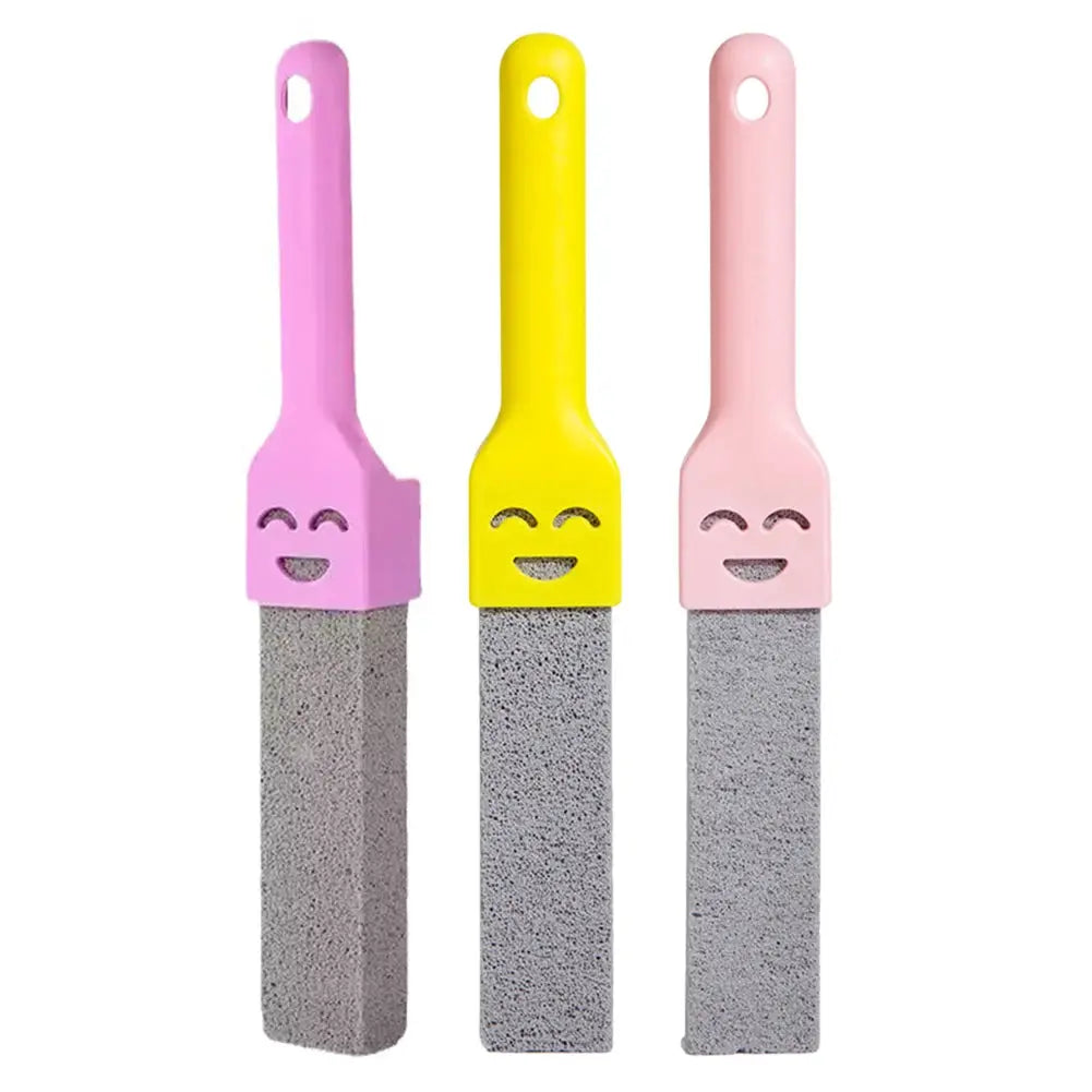 Pumice stone brush set by Simples Market with three colorful handles (pink, yellow, peach) for toilet cleaning.