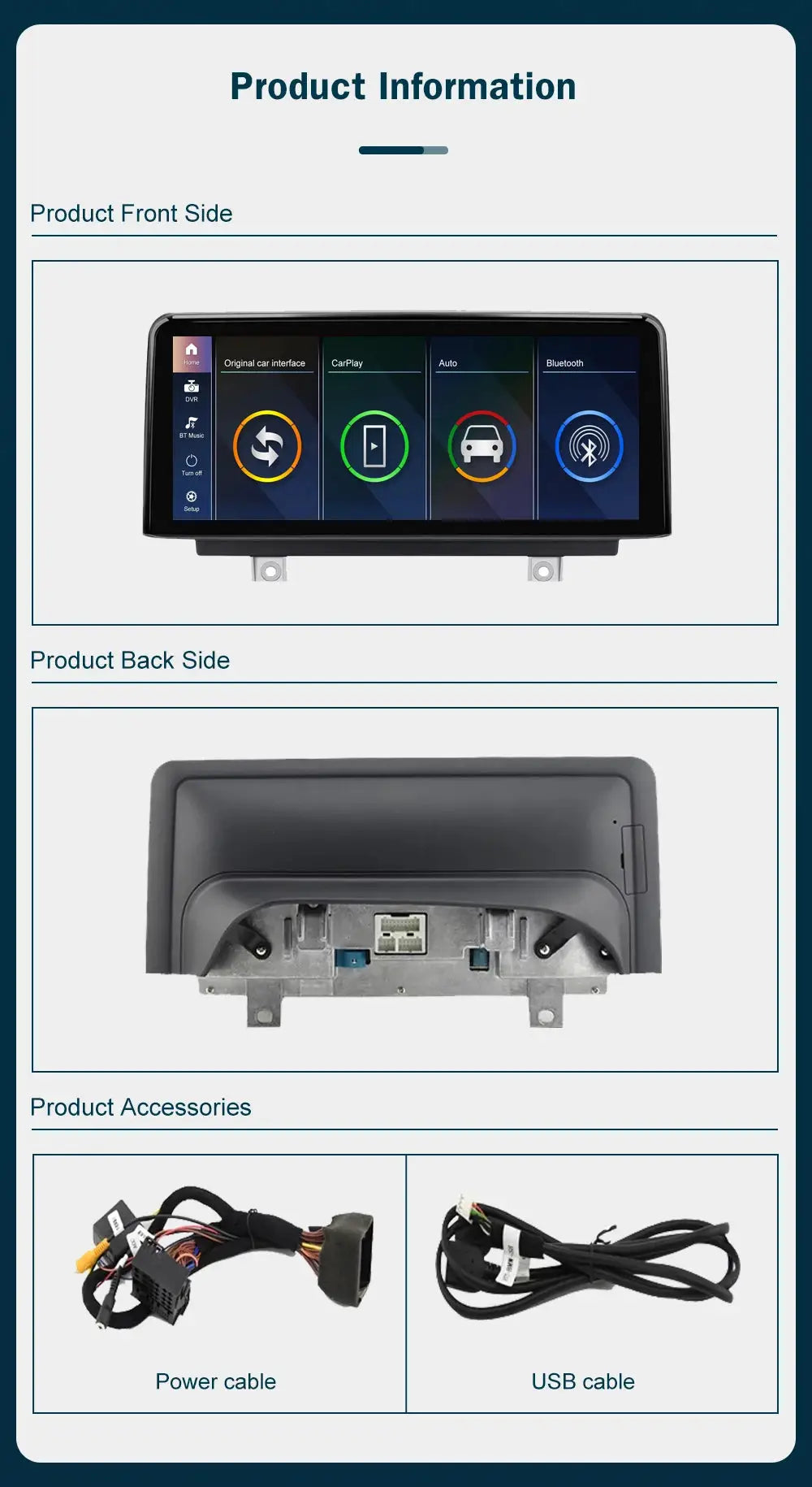Simples Market wireless CarPlay/Android Auto BMW multimedia display, 10.25–12.3 inch, front view with back connectors