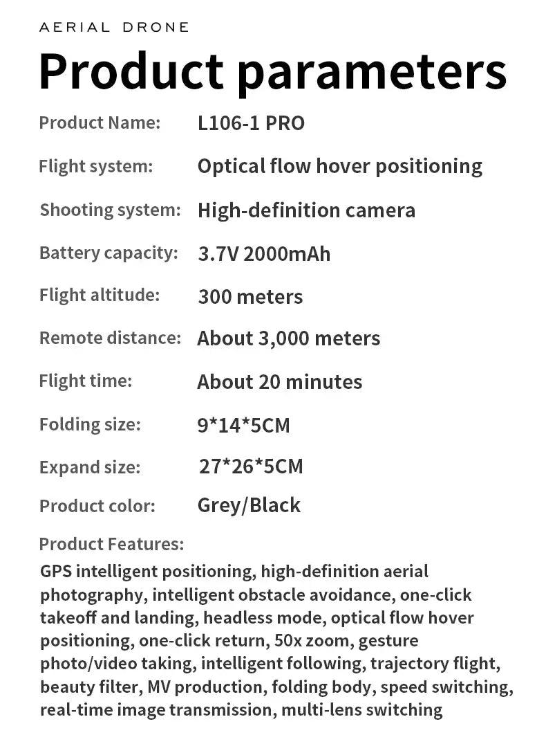L106-1 PRO drone in grey/black with high-definition camera, GPS positioning, FPV brushless quadcopter