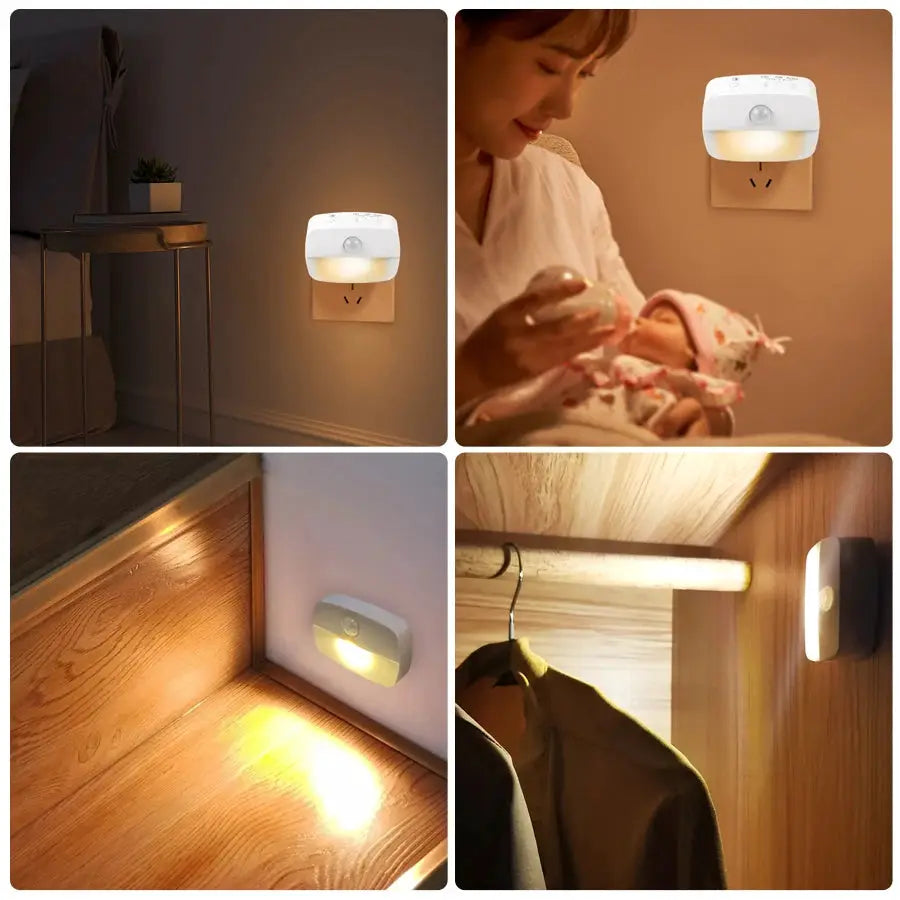 White plug-in wireless LED motion sensor night light for bedroom, stairs and closet.