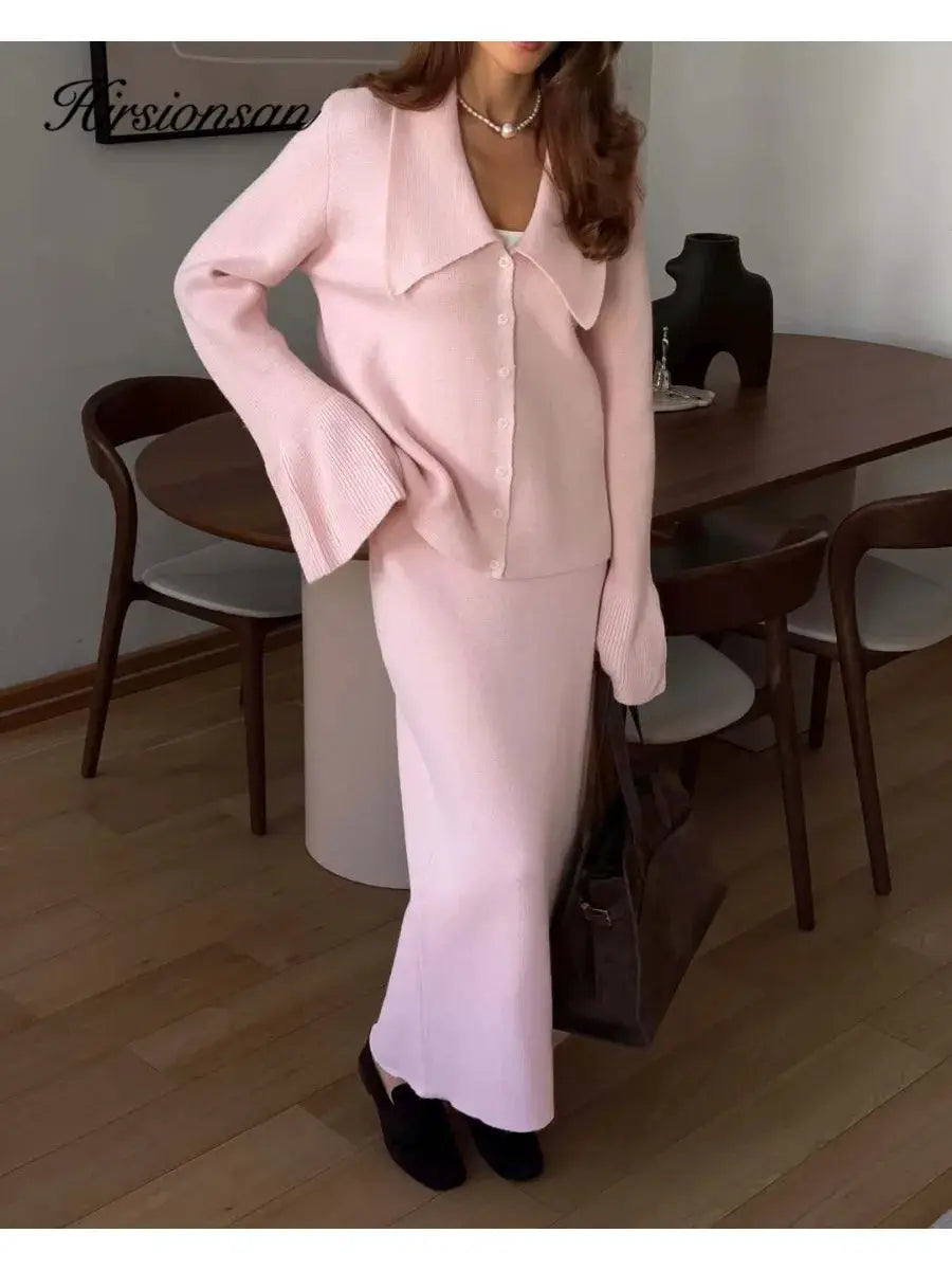 Hirsionsan Two Piece Set Women Polo Neck Cardigan And Midi Dress