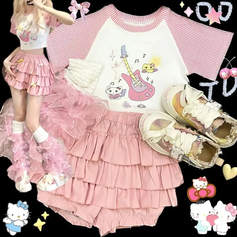 MEXZT Y2K Sweet Ruffles Mini Skirt, pink layered A-line high-waist with matching top