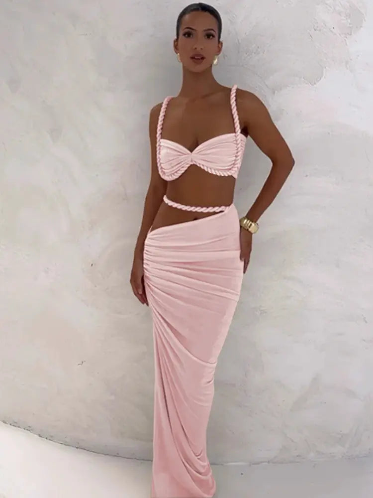 Kliou Woven Sexy Women Two Piece Set With Pleated Crop Camisoles And High Waist Maxi Skirt Contouring Stretch Fabric