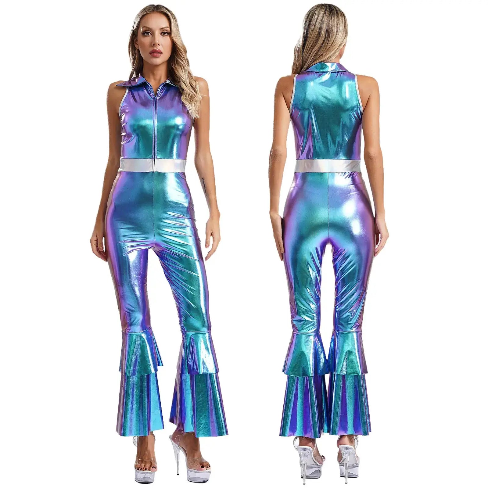 Womens metallic holographic disco jumpsuit with white belt and flared bell-bottoms by Simples Market (front/back)