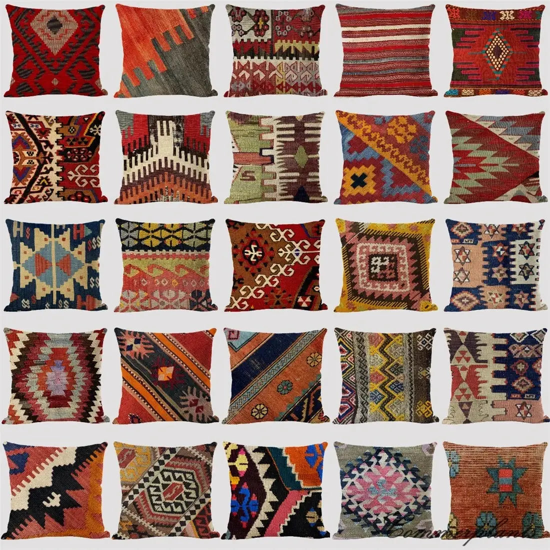 Bohemian linen cushion covers by Simples Market; multicolor geometric prints, 25 decorative pillows shown