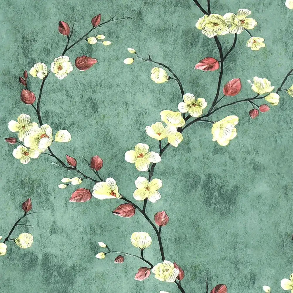 Floral grey peel-and-stick wallpaper by Simples Market with yellow blossoms on dark branches against green background