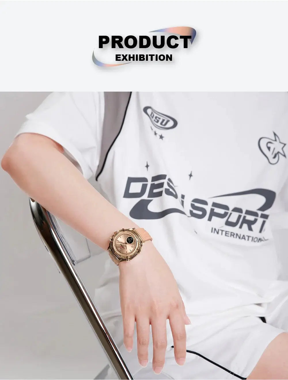 NAVIFORCE women's sports watch with rose-gold case and pink rubber strap; dual time display, waterproof.