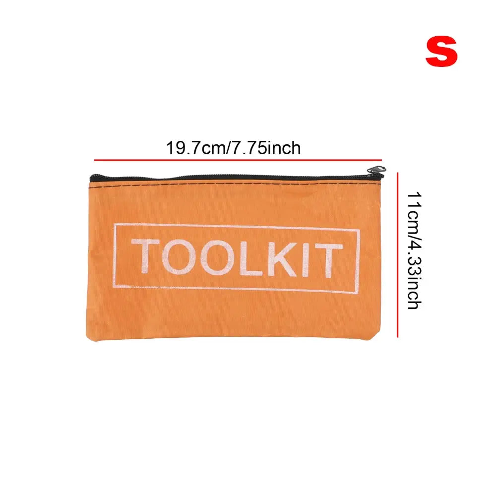 Toolkit bag by Simples Market: orange canvas organizer pouch with white TOOLKIT print and zipper.