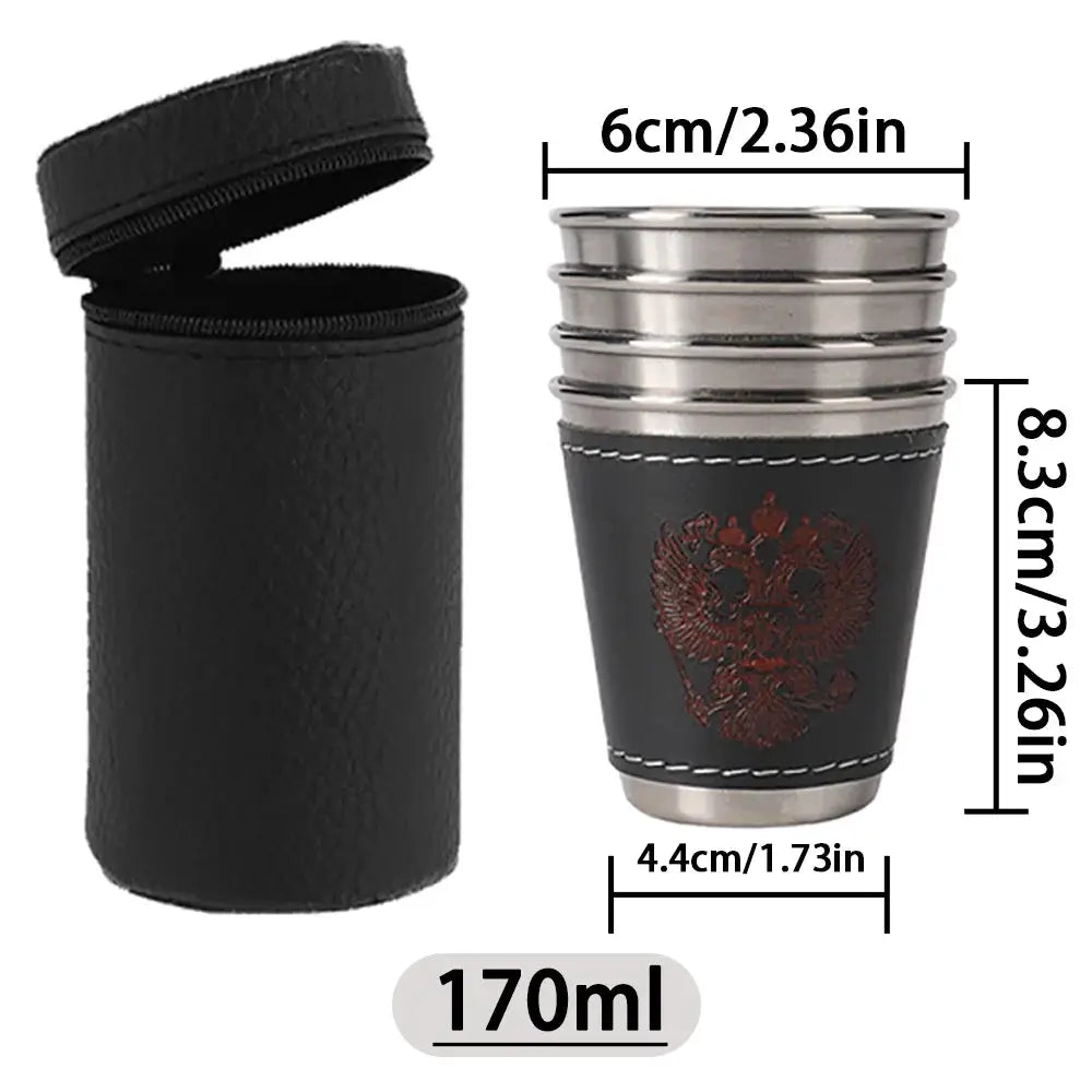 Simples Market 4-piece stainless steel travel cups set with black PU leather sleeves and zipped carry pouch, 170ml capacity
