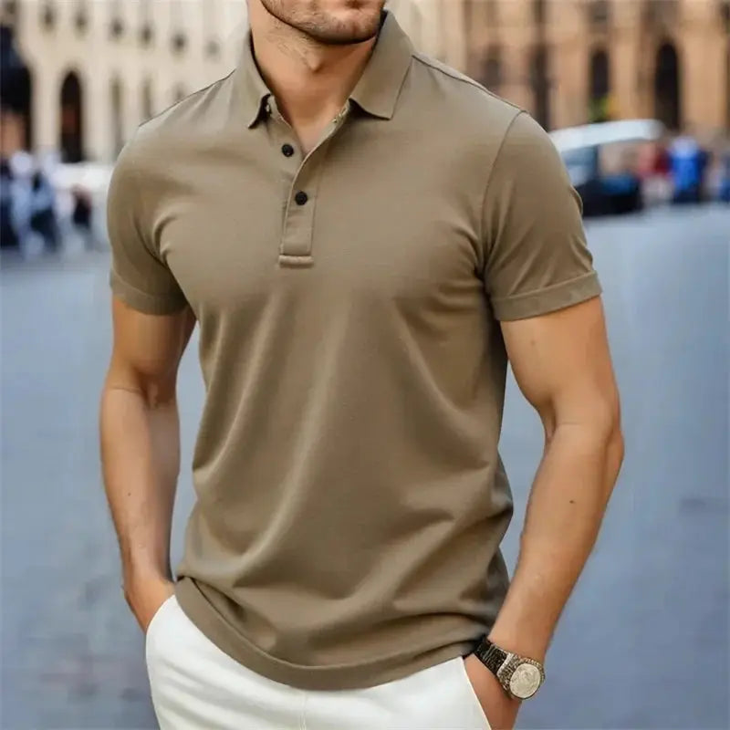 Men's polo shirt, taupe short-sleeve, casual breathable top