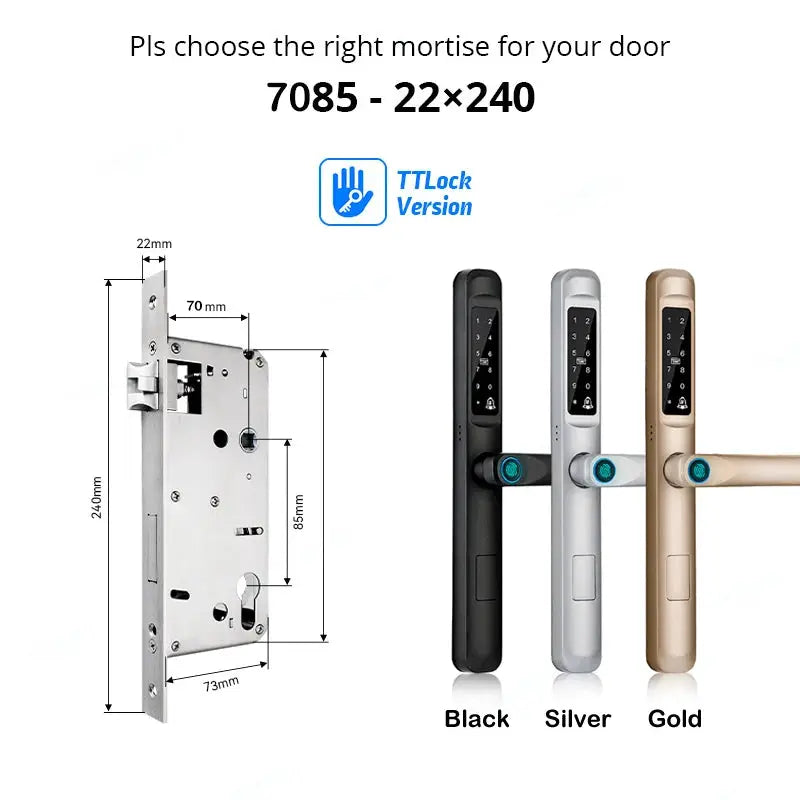 TTLock smart door lock with fingerprint Bluetooth RFID; waterproof aluminum/glass body, 3 finishes: black, silver, gold