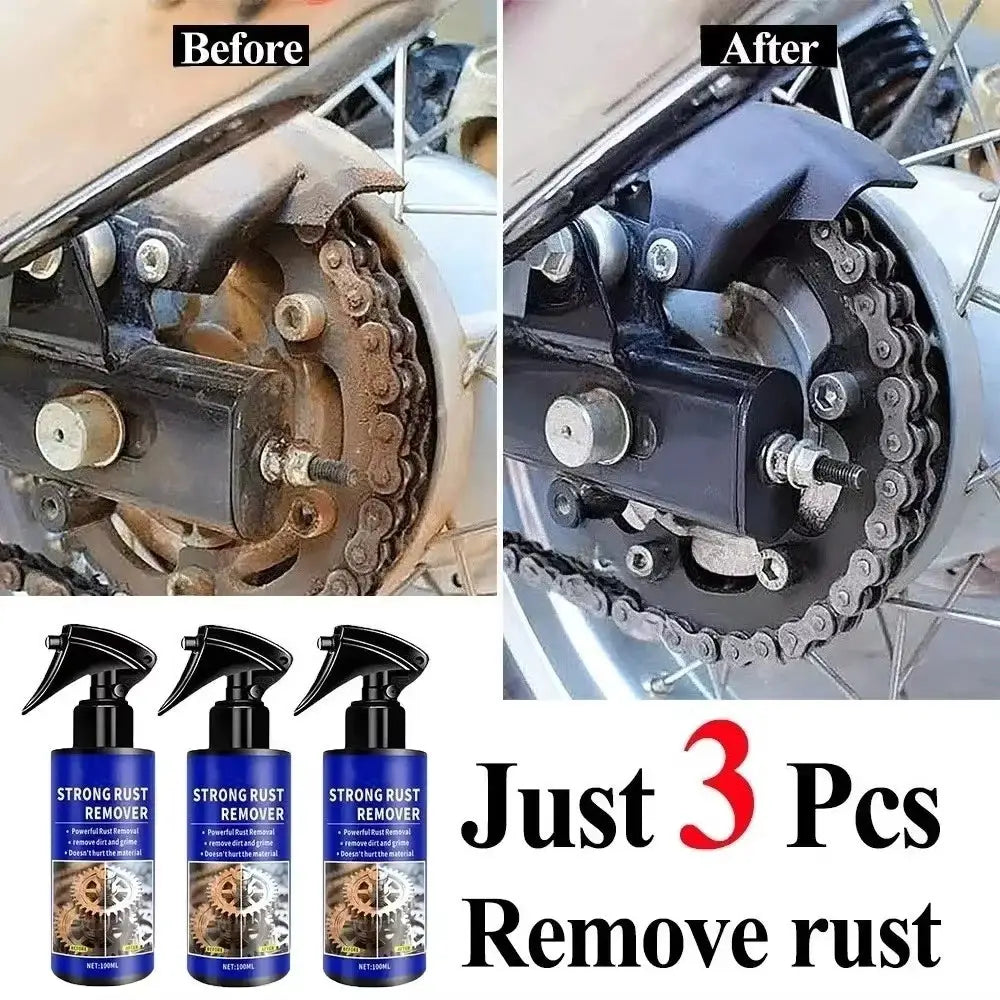 Simples Market automotive rust remover spray; blue 3-pack bottles, before/after rust on motorcycle chain and sprocket