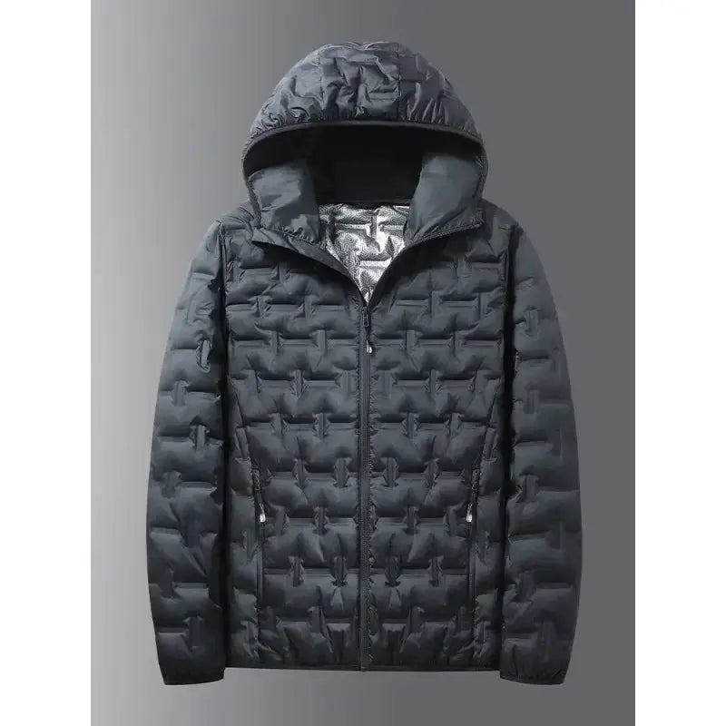 Men's quilted hooded down jacket, dark gray puffer with zip pockets