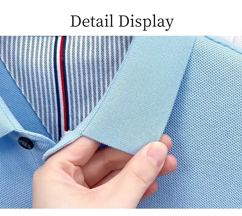 Men's polo shirt, light blue 100% cotton, collar close-up showing textured knit.
