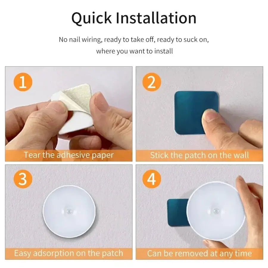 LED motion sensor night light, white circular puck, USB-rechargeable with adhesive wall patch