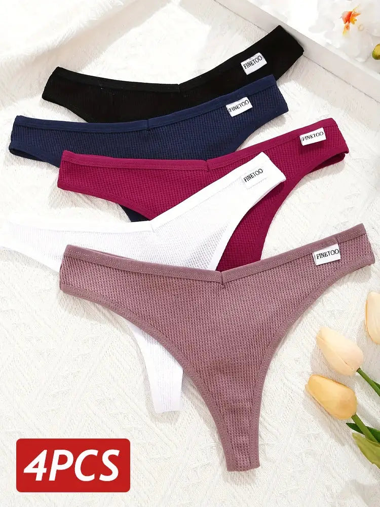 4Pcs set of waffle-knit cotton women’s thong panties, V-waist, assorted colors with FINETOO labels