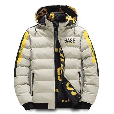 DIMUSI men's padded winter jacket beige with black/yellow accents, hooded, BASE logo on chest