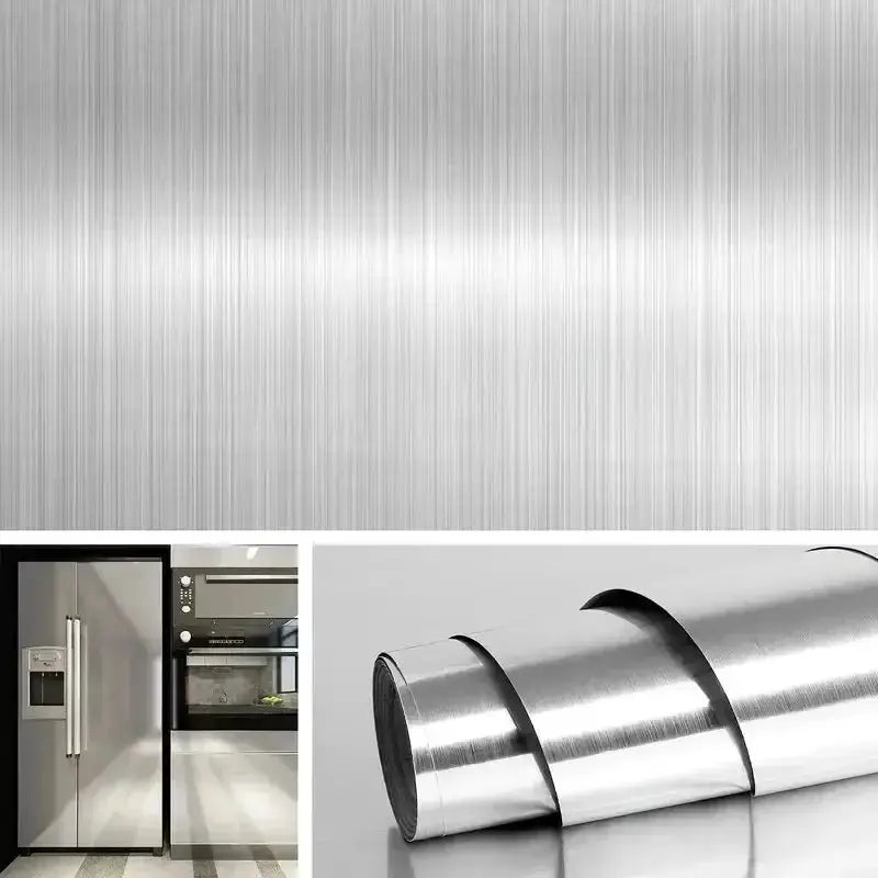 Simples Market brushed silver PVC wallpaper vinyl; removable, waterproof, oil-proof; roll, fridge, and kitchen scene.