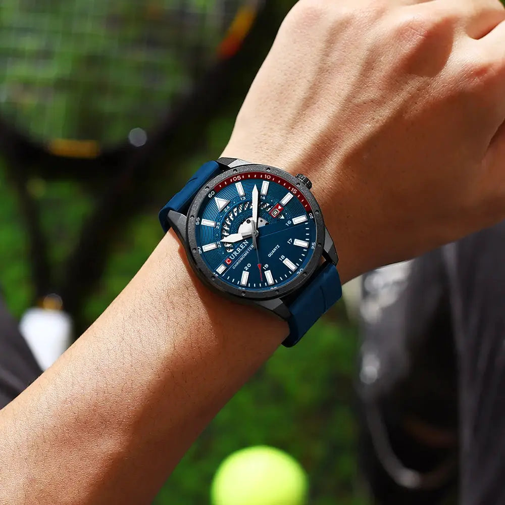 CURREN men’s watch with blue dial, silicone strap, black case, date display