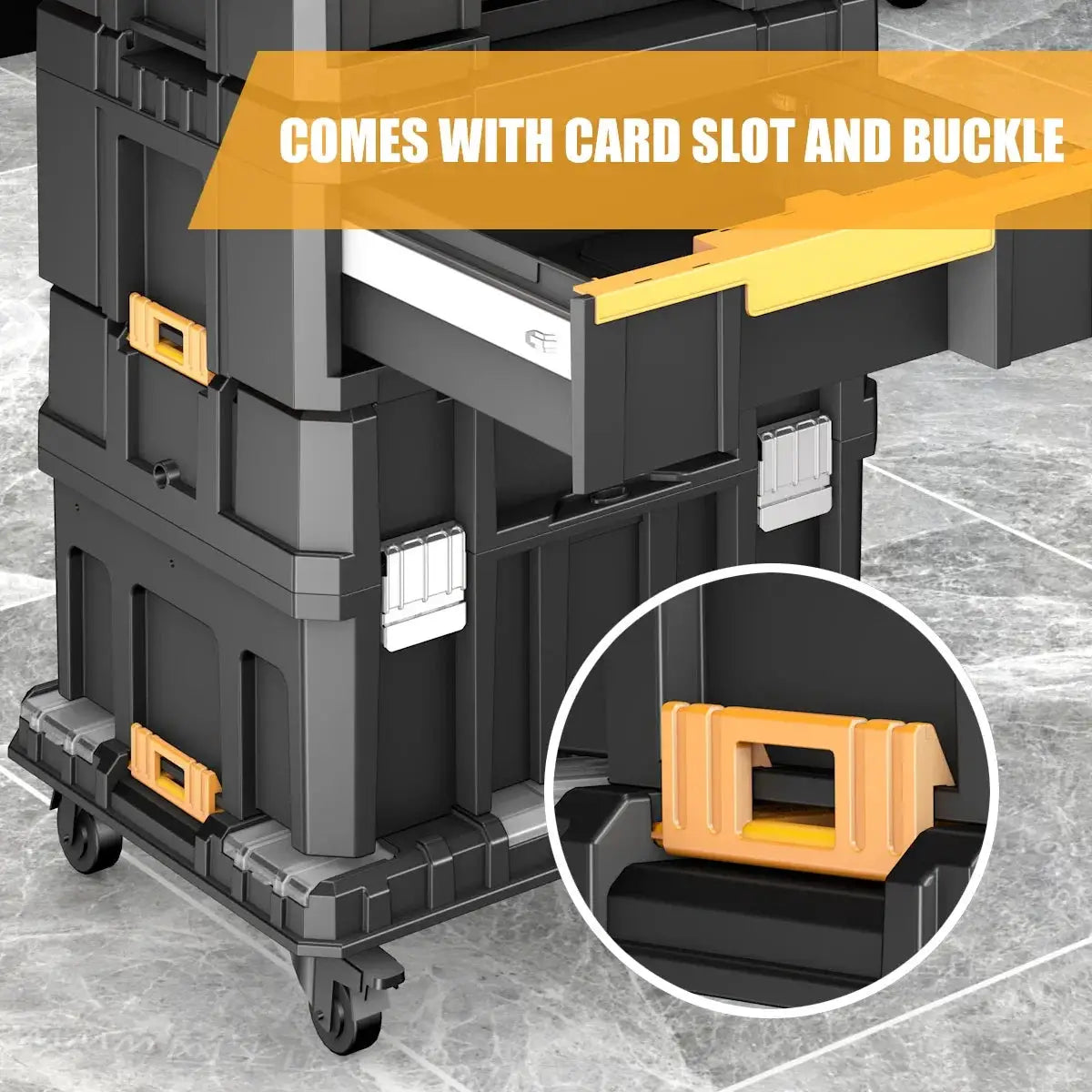 AIRAJ stackable modular toolbox set on wheels by Simples Market; dark gray case with orange latches and handle.