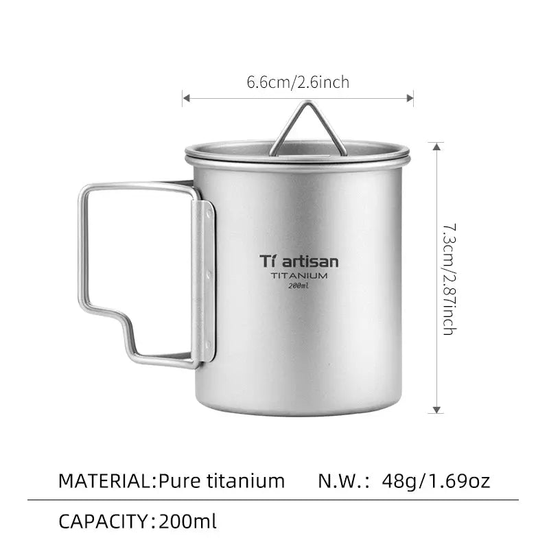 Tiartisan titanium mug with folding handle, 200ml capacity, lightweight camping cup