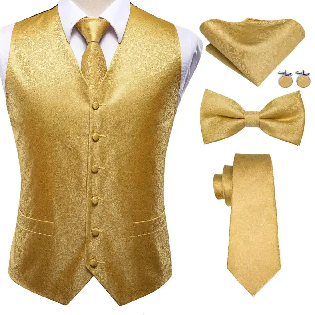 Simples Market gold brocade mens waistcoat set with vest, tie, bow tie, pocket square and cufflinks
