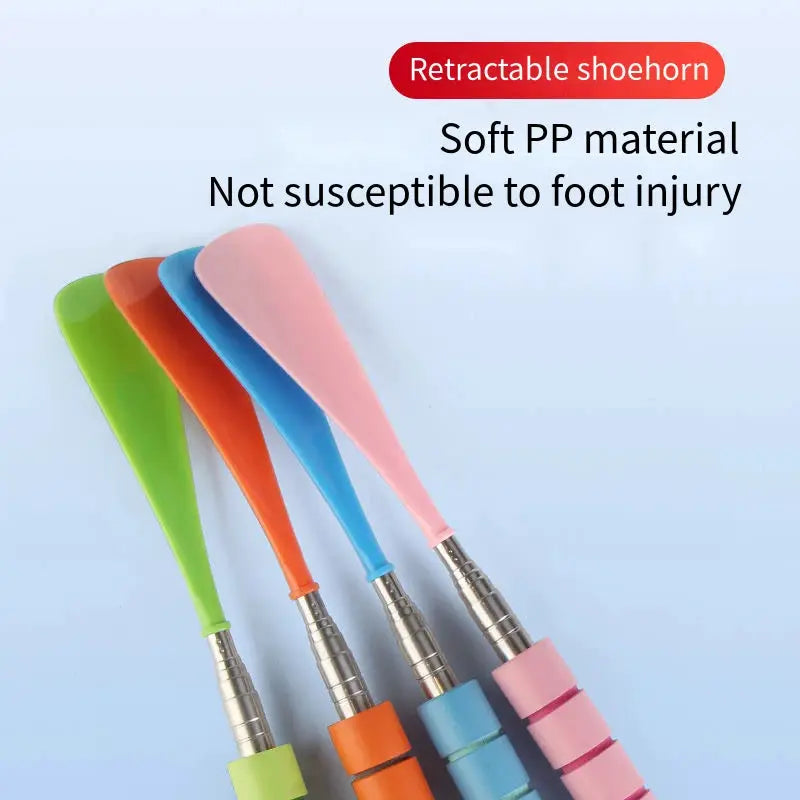 Stretchable long retractable shoehorns with metal shafts and soft PP heads in green, orange, blue, pink (set of 4)