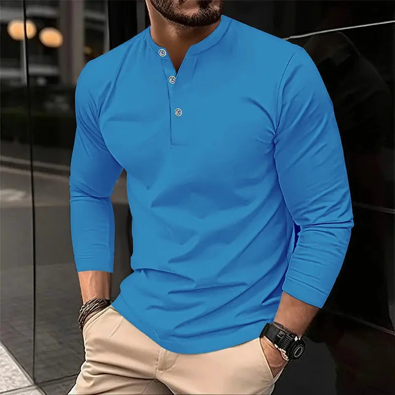 Men's blue long-sleeve Henley polo shirt from Simples Market
