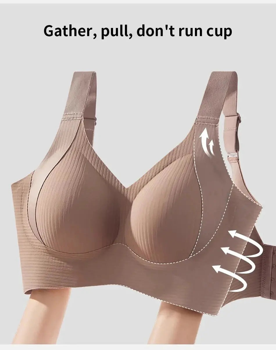 Seamless wireless bra in nude beige with pull-up lift and anti-sag design, large size