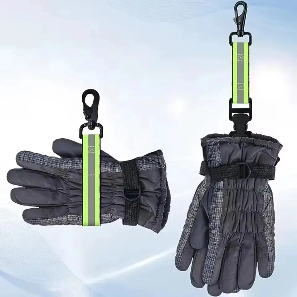 Glove clip and hanger for firefighter gloves, neon green reflective strap with pair of black insulated gloves