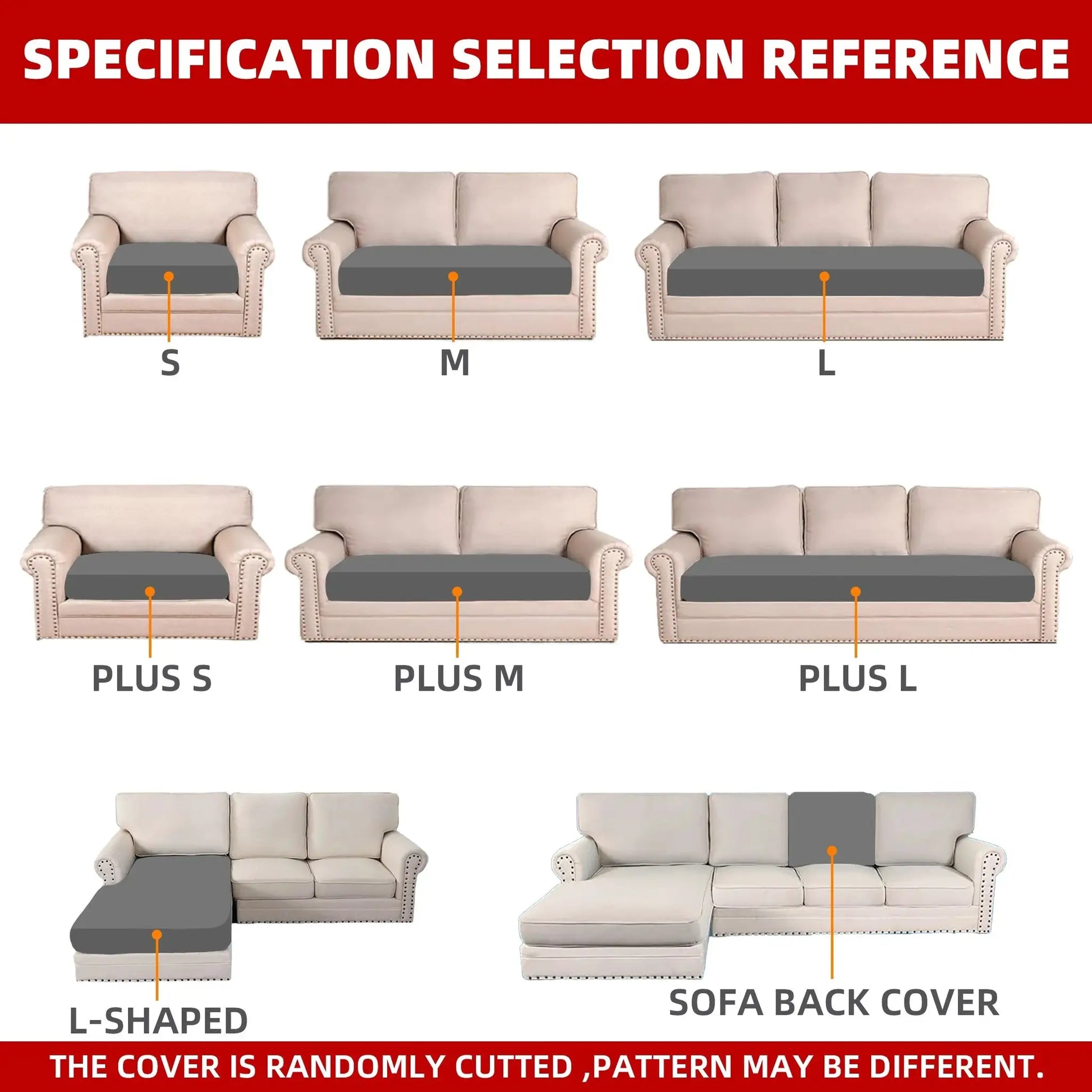 Beige high-elasticity printed sofa protective cover set in S, M, L sizes for outdoor living room.