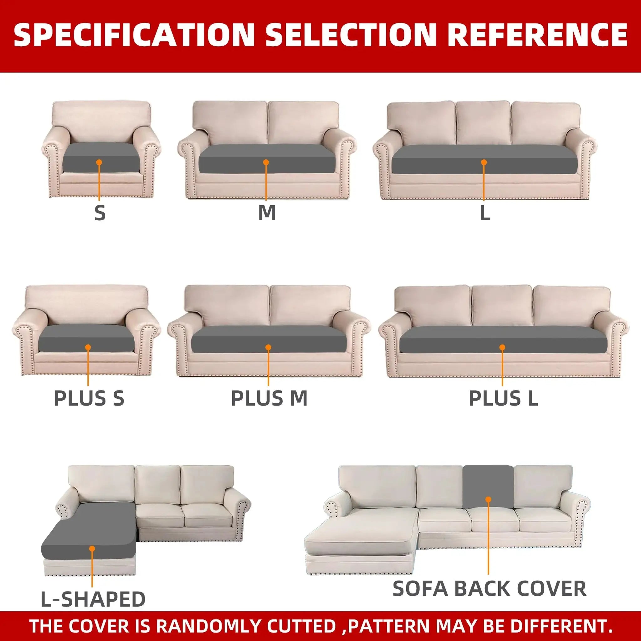 Elastic beige sofa cushion cover set for living room; fits S, M, L and L-shaped sofas.