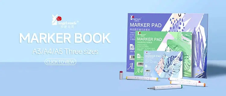 Marker book set with marker pad packs in A3/A4/A5 sizes on a blue gradient background.