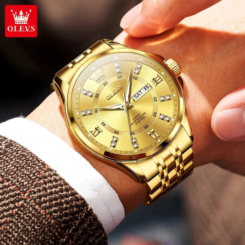 OLEVS 3620 gold luxury men's quartz watch with stainless steel bracelet and date window