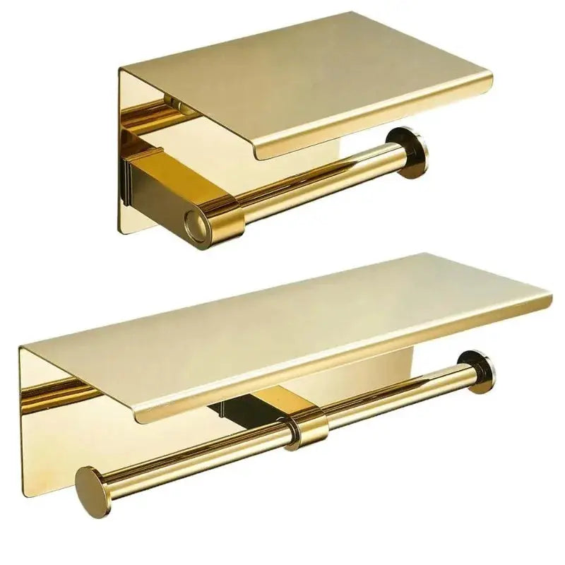 HaloHome Multifunctional Toilet Paper Holder With Shelf Wall Mounted Double Roll Towel Holder Gold Finish