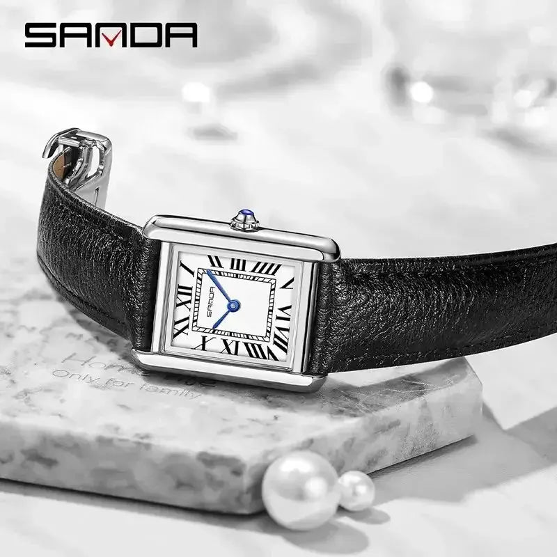 SANDA 9031/1108 luxury couple quartz watch, black leather strap, silver case, blue hands
