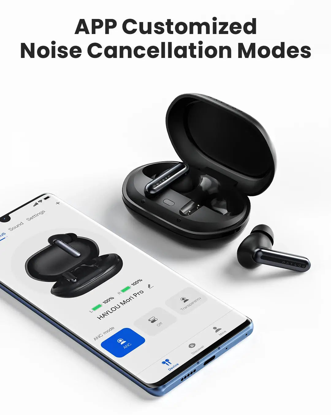 HAYLOU Mori Pro wireless earbuds in black with charging case and smartphone app interface