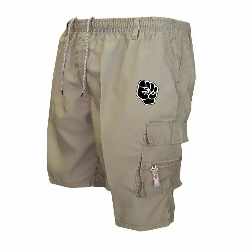 Simples Market men's cotton khaki cargo shorts with multiple pockets and drawstring waist