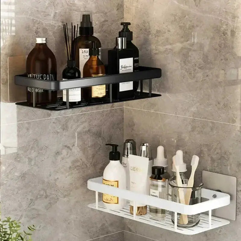 Simples Market bathroom shelf organizer; two wall-mounted aluminum alloy shelves (black top, white bottom) for bottles.
