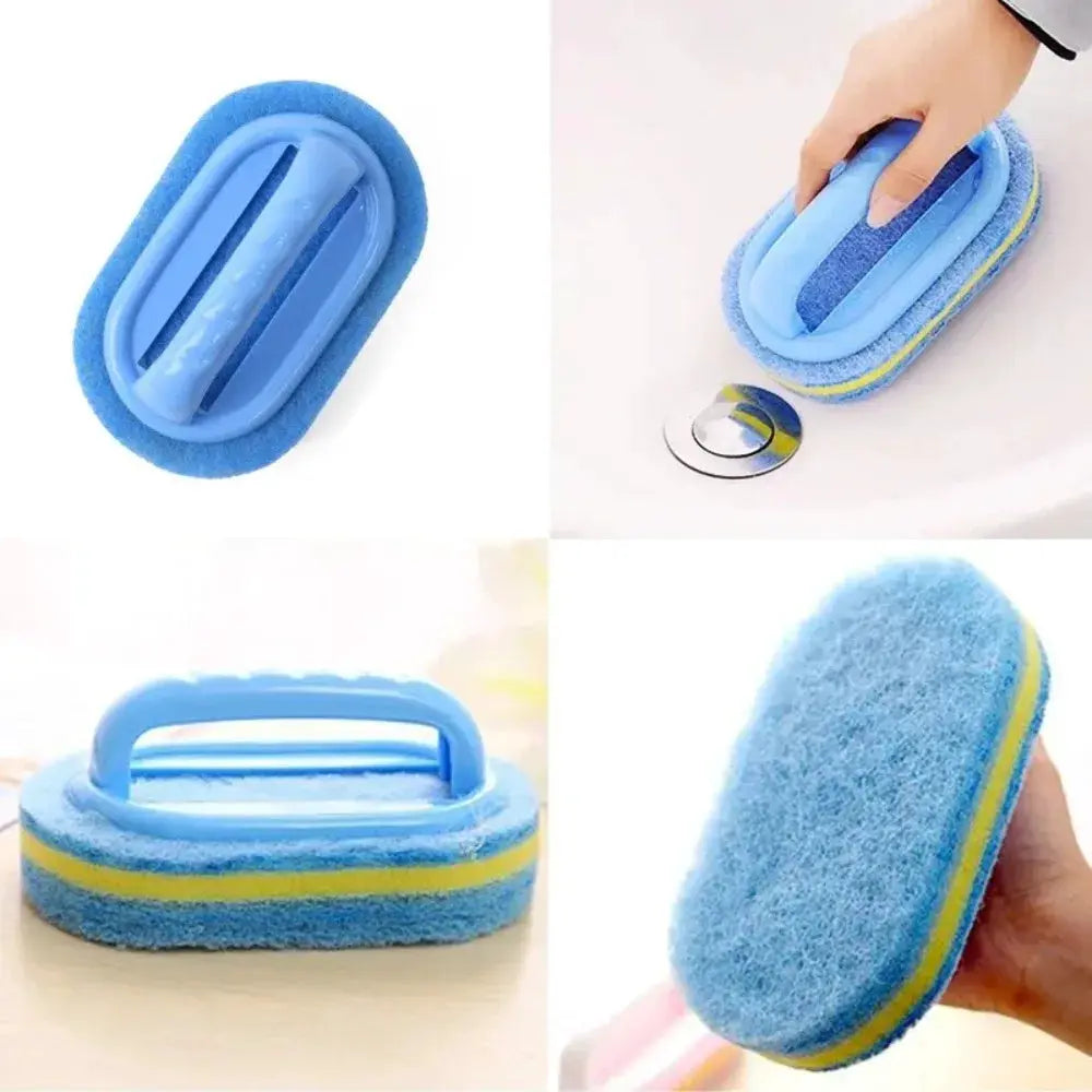 Blue dish sponge scrubber with integrated handle for kitchen and bathroom cleaning
