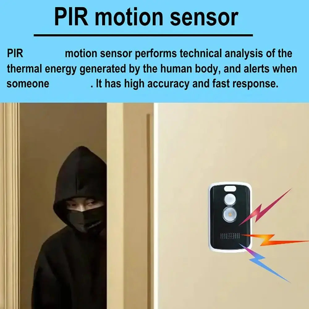 Wireless PIR motion sensor wall-mounted beside a door in black/white enclosure for outdoor motion detection