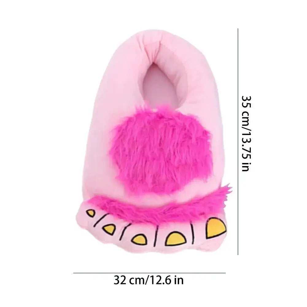 Pink plush foot slippers with a large fluffy pom-pom and yellow toe-accent design, 32 cm long.